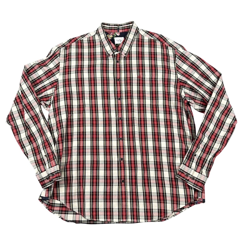 Serge Blanco Shirt Mens 4XL Red Plaid Tartan Button Down Cotton Long Sleeve